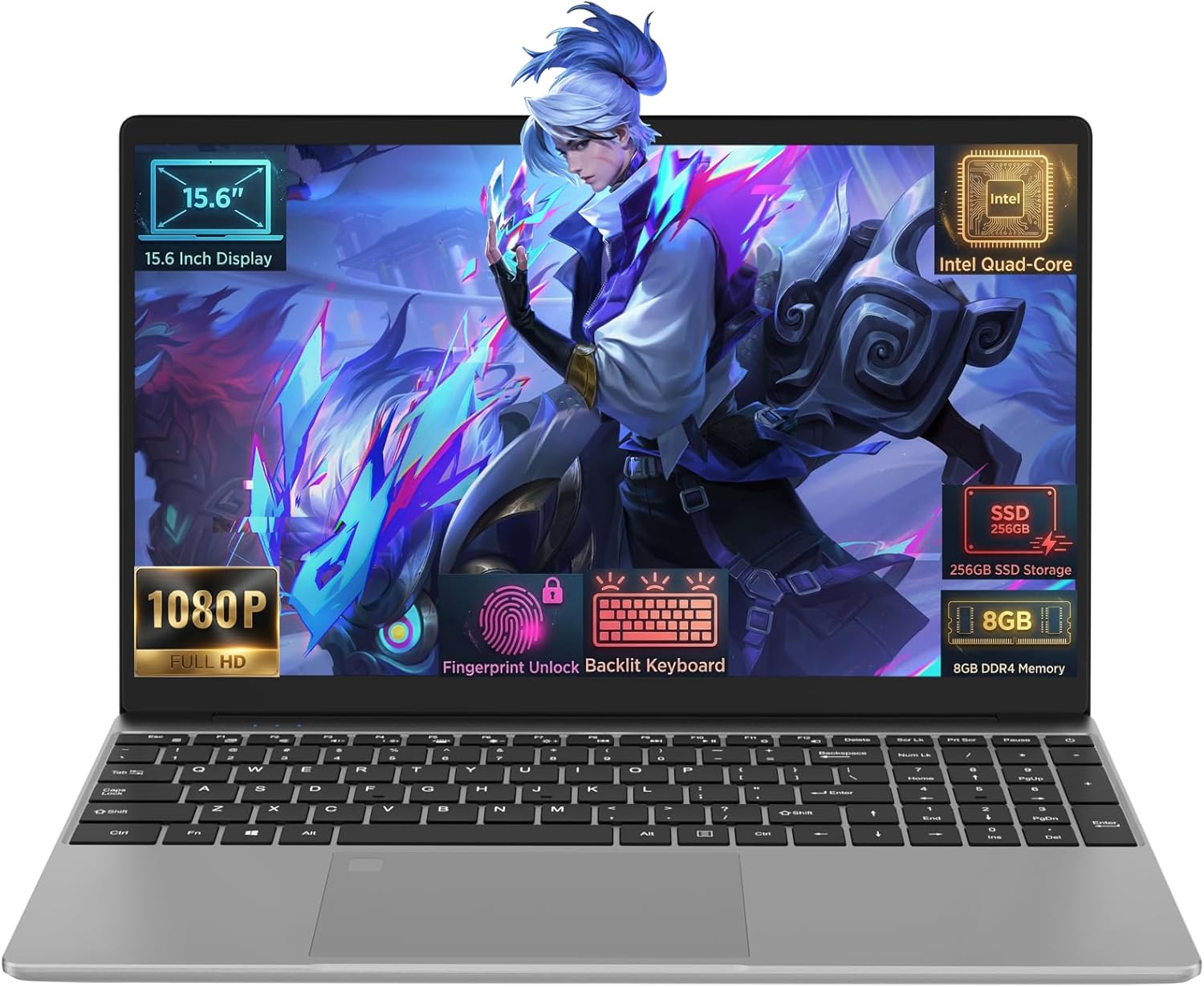 15.6" Traditional Laptop Computer, 8GB RAM 256GB SSD, Intel N5100(Up to 2.8GHz), IPS FHD Display, Fingerprint Backlit Keyboard, Slim Basic Notebook for Student & Business, Silver