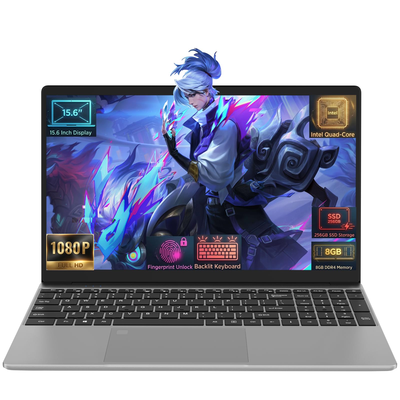 Trygood Laptop 15,6 Zoll Full HD IPS Display | Notebook mit Fingerabdruck-ID & Beleuchteter Tastatur, 8GB RAM 256GB SSD, Intel Quad-Core N5100, Schlankes Design für Business, Uni & Home Office