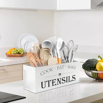 Suli Extra Wooden Large Kitchen Utensils Holder, 4 Compartments, White