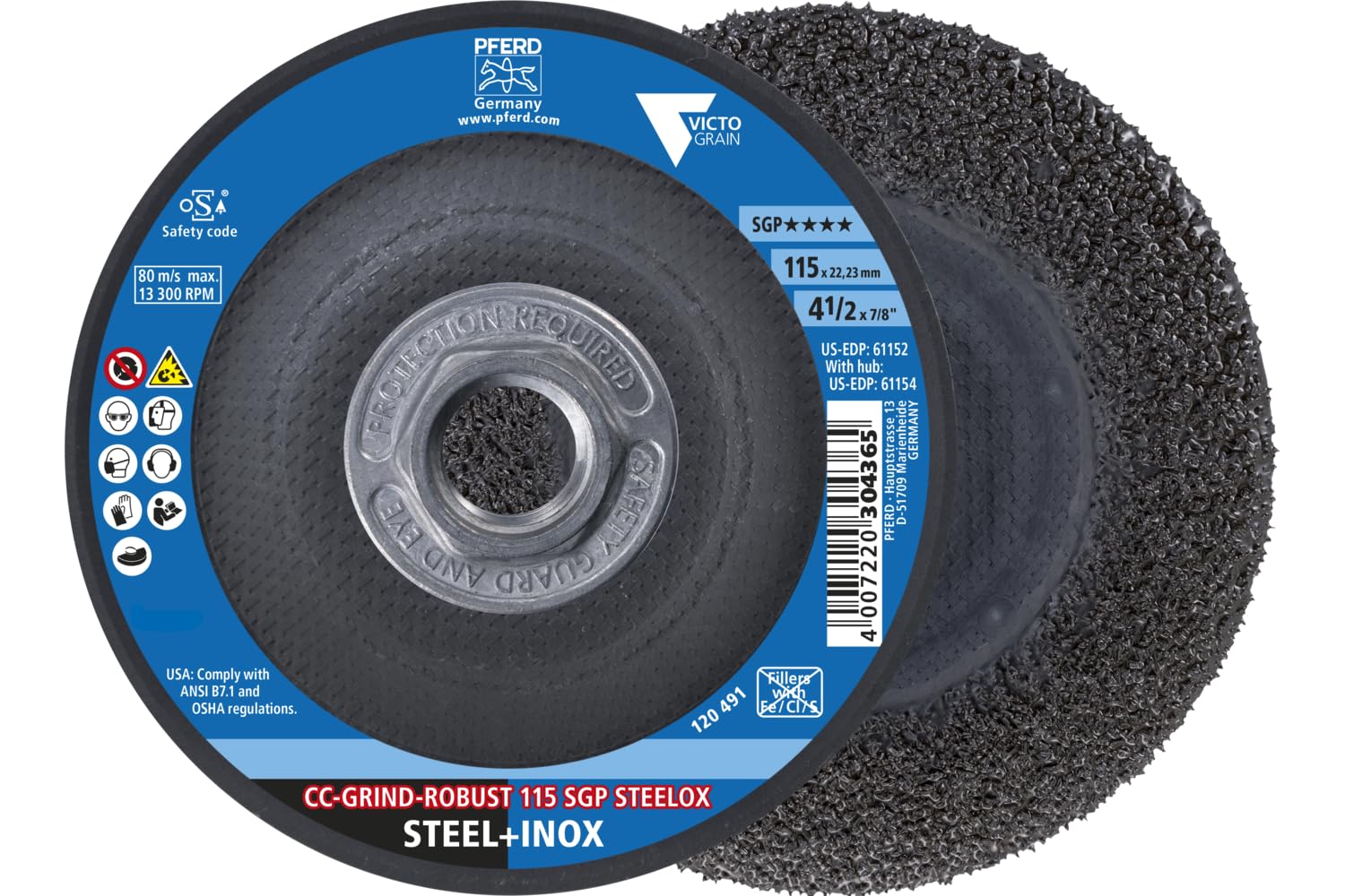 PFERD CC-Grind®-Robust Grinding Disc, 4-1/2" x 5/8"-11 - SGP STEELOX VICTOGRAIN® Ceramic - High-Performance Abrasive Disc for Aggressive Grinding (Pack of 10) - Part 61154