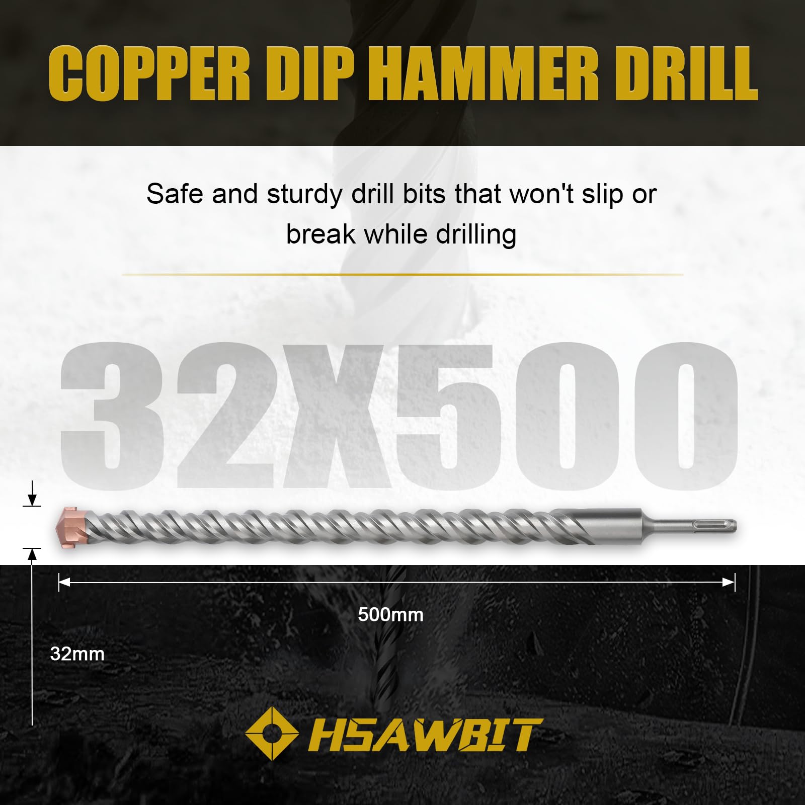 HSAWBIT 32mm x 500mm LONG SDS MASONRY DRILL BIT, TUNGSTEN CARBIDE TIP SDS PLUS SHANK, FOR WALL STONE CONCRETE BRICK - Image 2