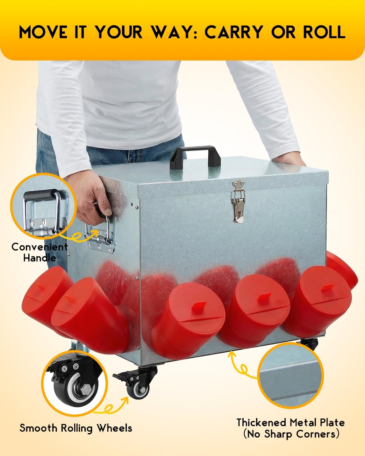 Magicfly 40lbs Metal Chicken Feeder on Wheels, Automatic Large Poultry Feeder Box with 10 Bell-Mouth Feeding Ports, No Waste Chicken Feeder with Latch & Handle for Ducks, Turkeys & Chickens