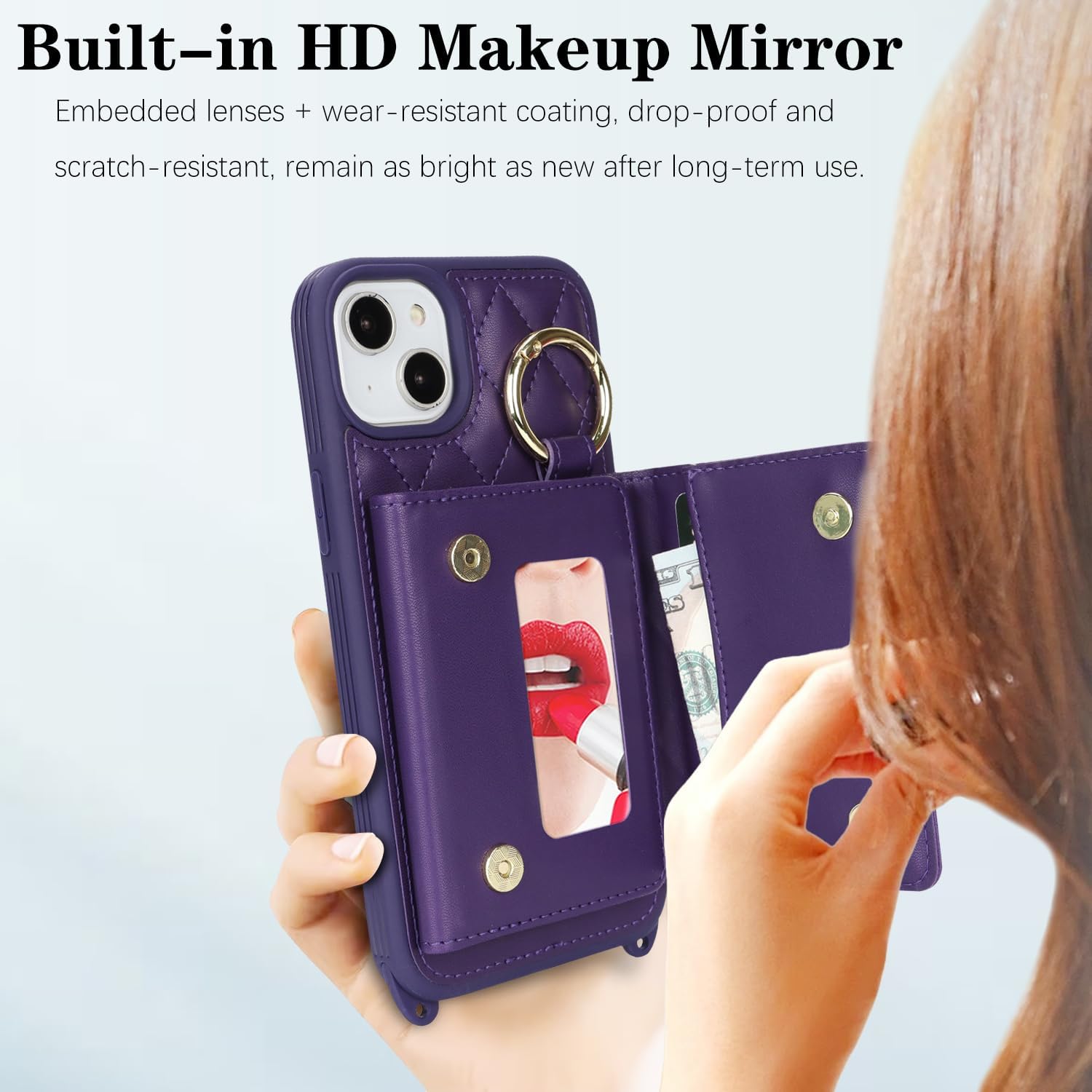 for iPhone 14 Plus Case with Card Holder and Strap for Women,Crossbody Lanyard, Make Up Mirror,Ring Stand,Snap Clasp,Cute Phone Wallet Cases 6.7 inch - Deep Purple