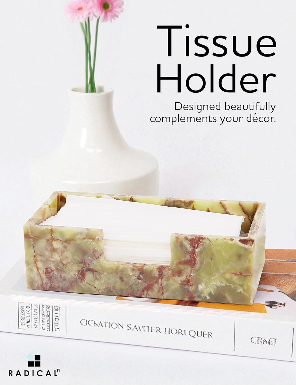 Radicaln Marble Tissue Box Cover 10x5 Inch Handmade Green Decorative Tissues Box Holder for Office Desk & Bathroom Counter Organizer, Rectangle Napkin Holder for Home Decor