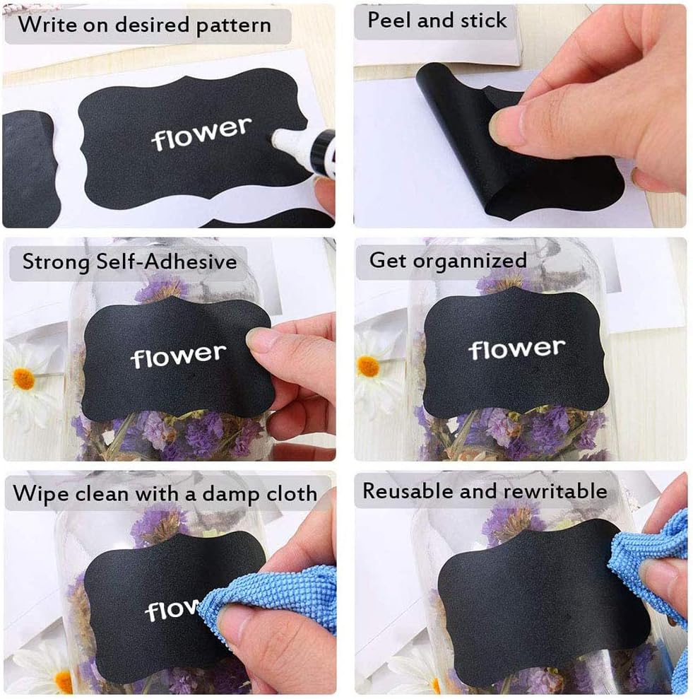 Chalkboard Labels Bulk (80PCS) - Mini Decorative Chalk Labels - Free Erasable Chalk Pen,Black stickes Labels for Food Storage Classification, Adhesive Blackboard Stickes Label