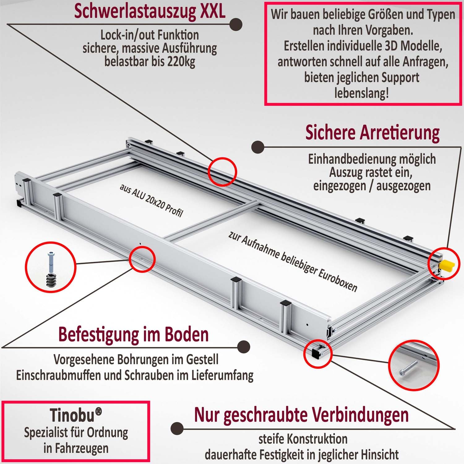 Auszugsystem für Selbstausbau in Wohnmobilen, Länge 90cm, Belastung bis 220kg, Auszugsregal (Breite: 80cm)