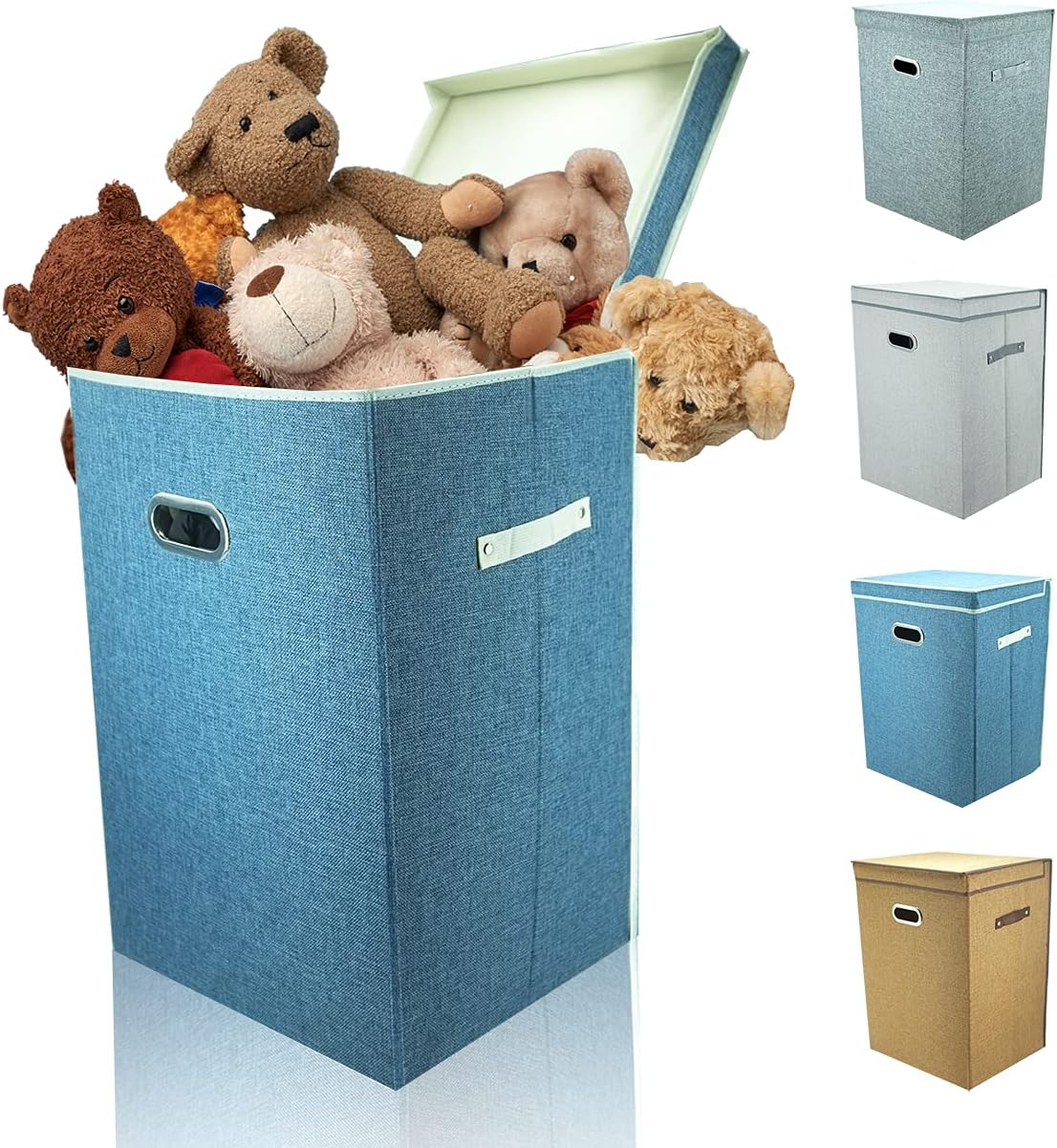 Large Collapsible Storage Box with Lid and Sturdy Metal Handle, Linen