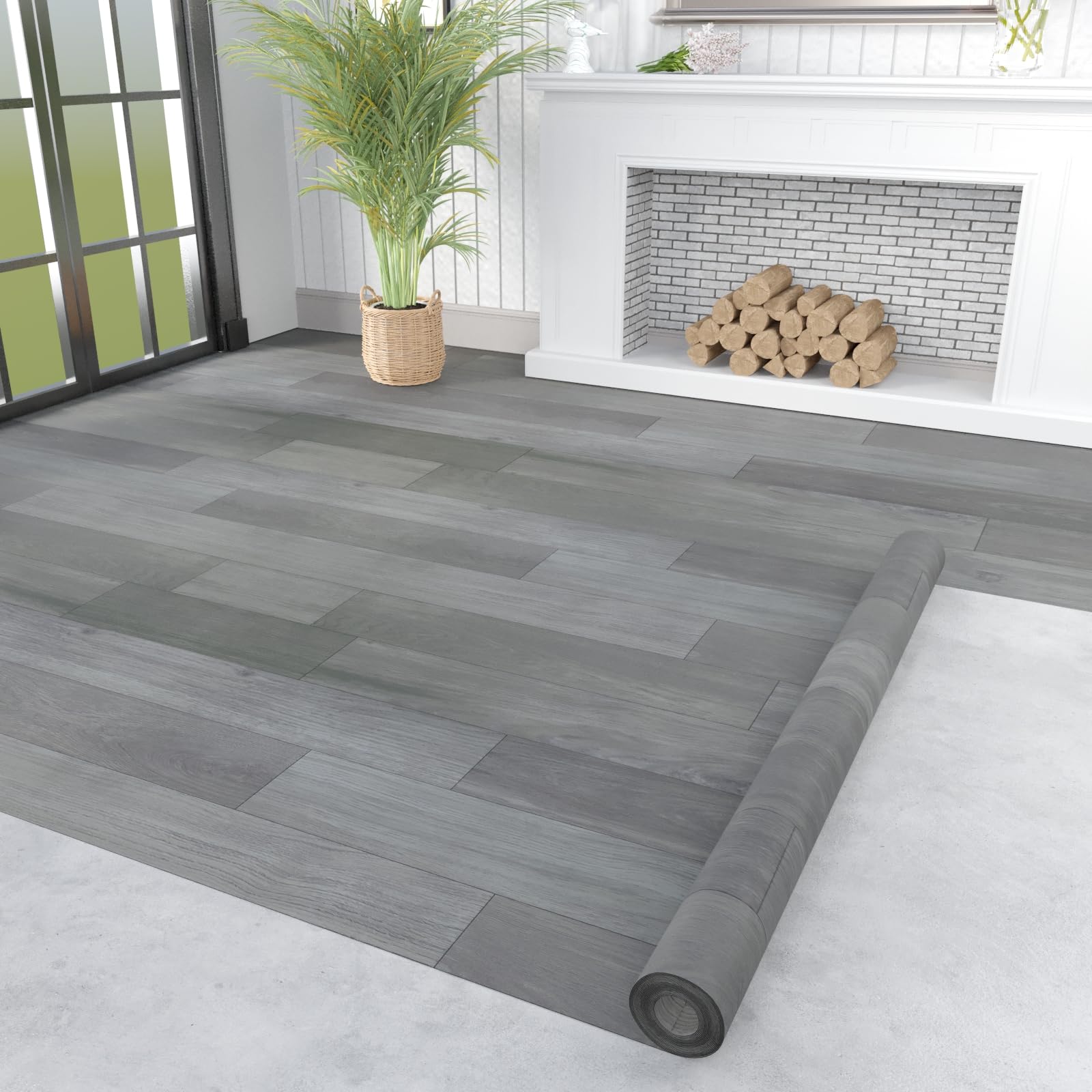 Oxdigi Vinyl Flooring Roll 107 sq.ft | 3'4"W x 32'10"L, PVC Leather-Like Linoleum Floor Covering, Waterproof Durable Heavy Vinyl, Easy to Install with Tape, Removable- No Adhesive Backing, Ash Grey