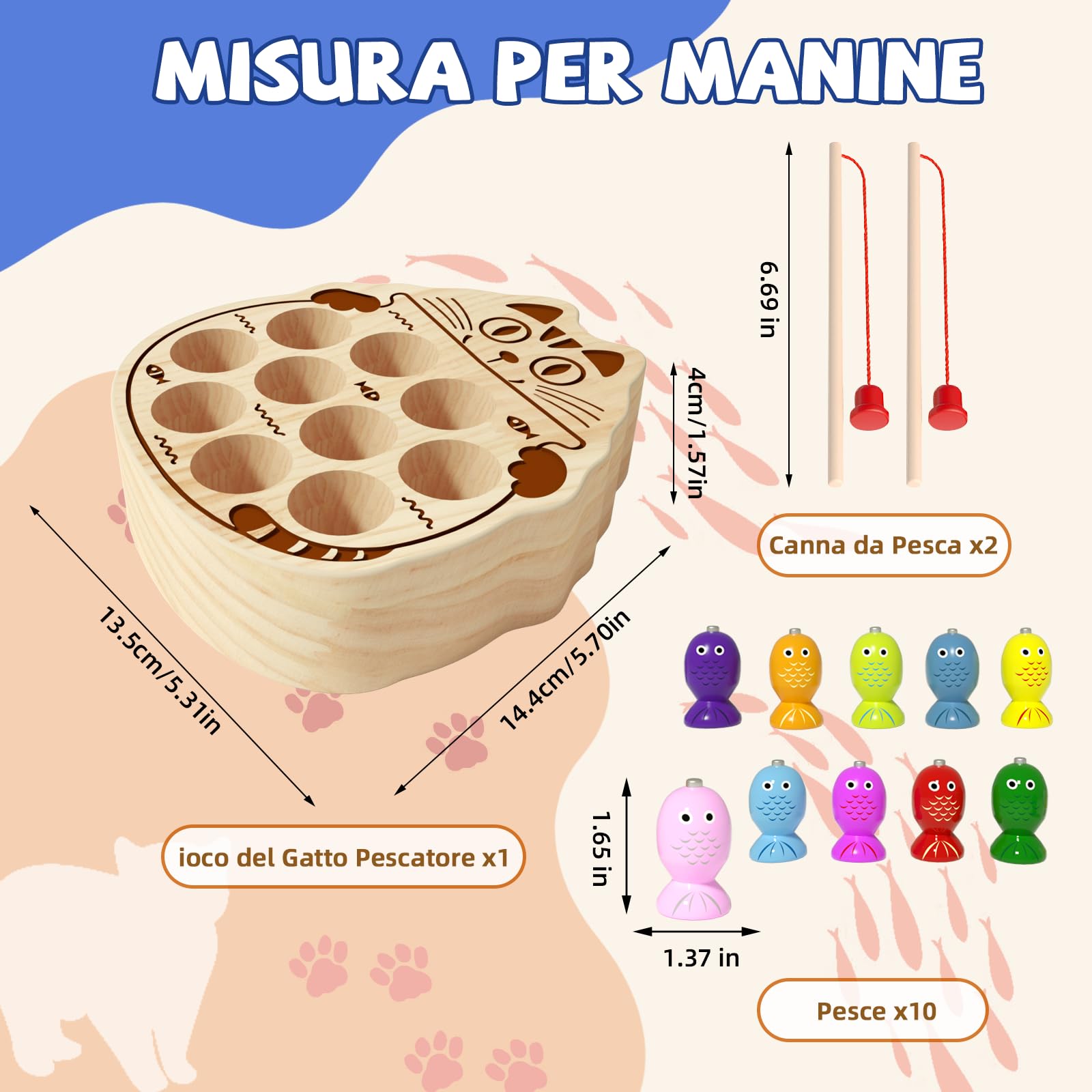 Giochi Montessori 2 Anni, Gioco Pesca Pesci Calamita 3 Anni con 10 Pesci 2 Canne da Pesca, Regalo Bambino per 2 3 4 Anni (Pesca al Gatto Carino)