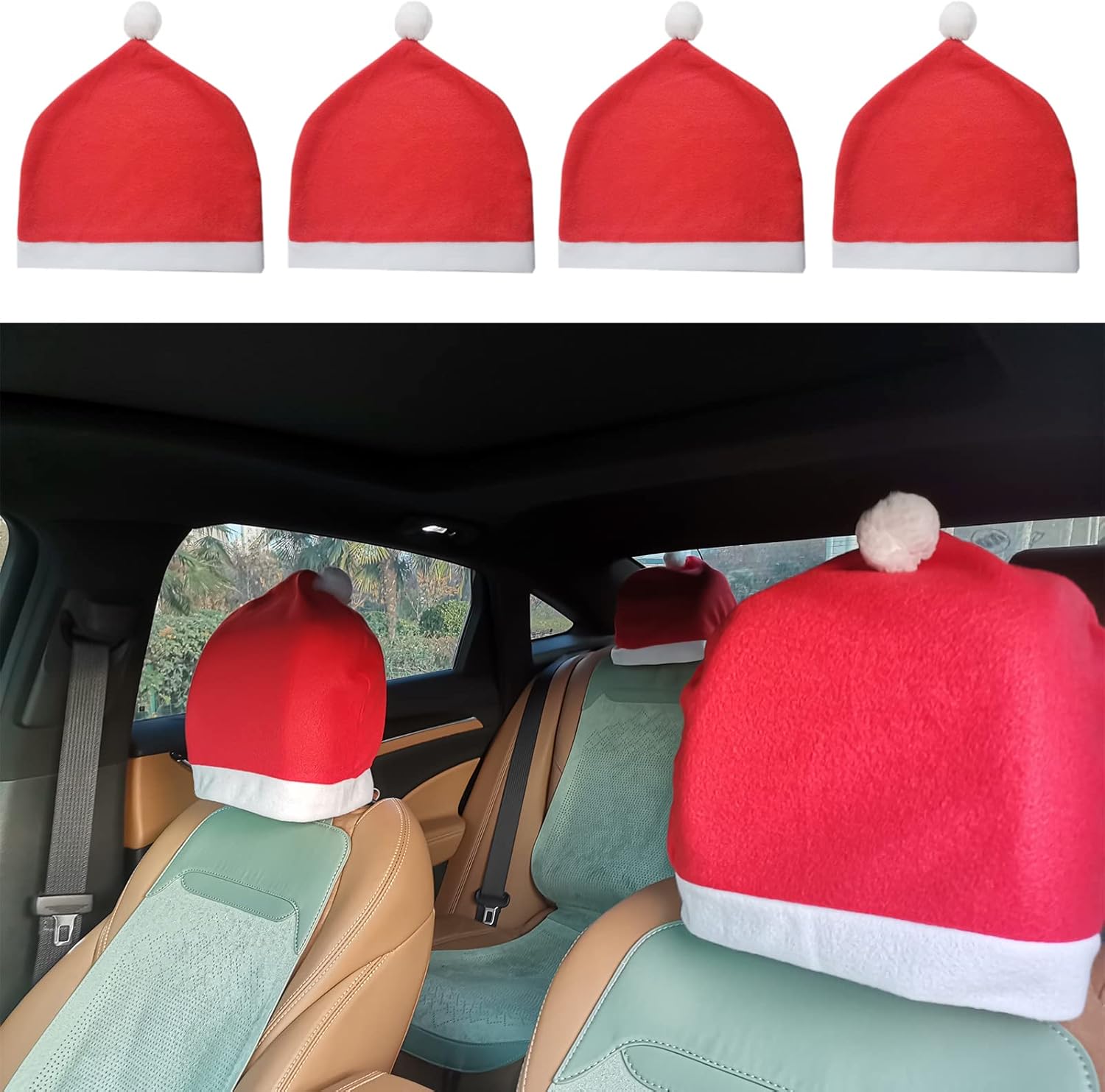 ElodieAu 4 Pcs Christmas Santa Claus Hat Car Seat Headrest Cover, Cute Car