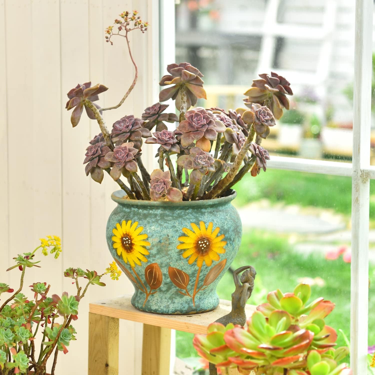 Sungmor Ceramic Hand Painted Succulent Flower Pots, 9 Inch Large Pottery Pots for Indoor Outdoor Plants, Decorative Ceramic Vase for Flower Arrangement Home Decor, Vintage Centerpieces Flowerpot