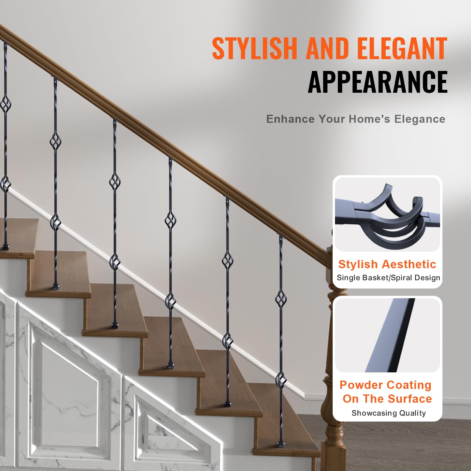 VEVOR Balaustres de Metal para Escaleras Barras Decorativas de Acero Galvanizado 1122 mm 10 Balaustres de Seguridad Estilo Cesta Doble con Zapatas y Tornillos para Barandilla de Escalera en Caracol