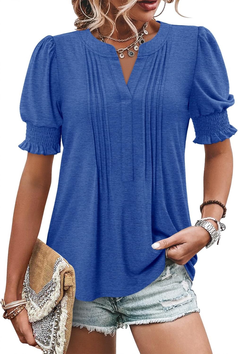 CRAZY GRID Women's Dressy Casual Top Puff Sleeve Summer Shirt Loose Trendy Pleated Blouse - Image 4