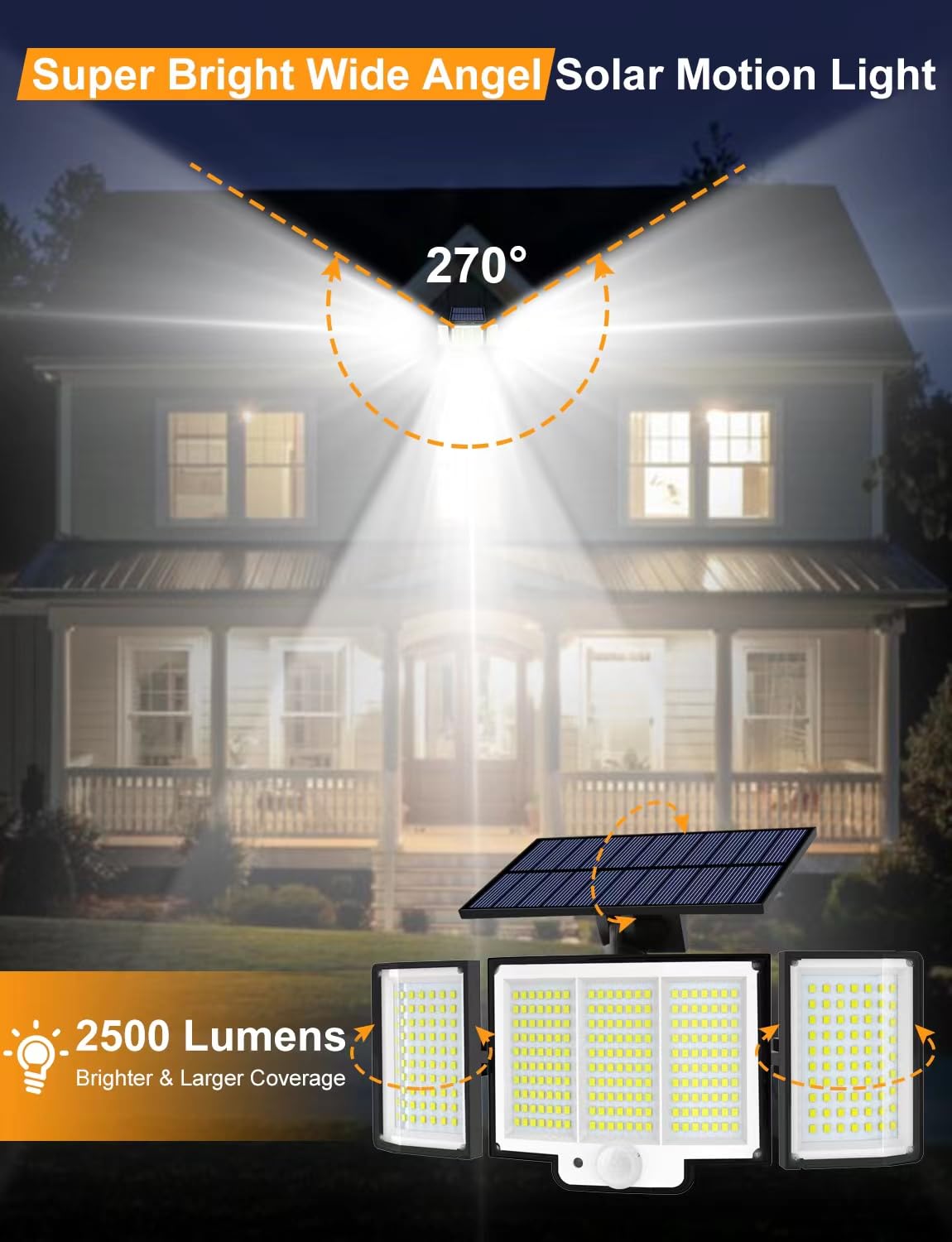YOYONACY Solar Outdoor Lights, 2500LM 348 LED Motion Sensor Outdoor Lights with Remote, Bright 3 Heads Solar Powered Flood Lights, IP65 Waterproof Security Detection Lights for Outside, Yard, Patio