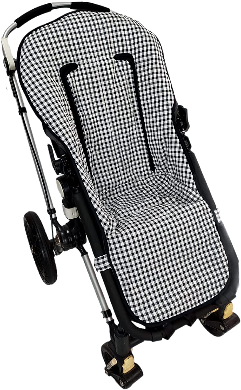 Colchoneta o funda compatible con Bugaboo Camaleon, Buffalo, Fox + Protector de arneses. (Rejilla 3D, Vichy negro)