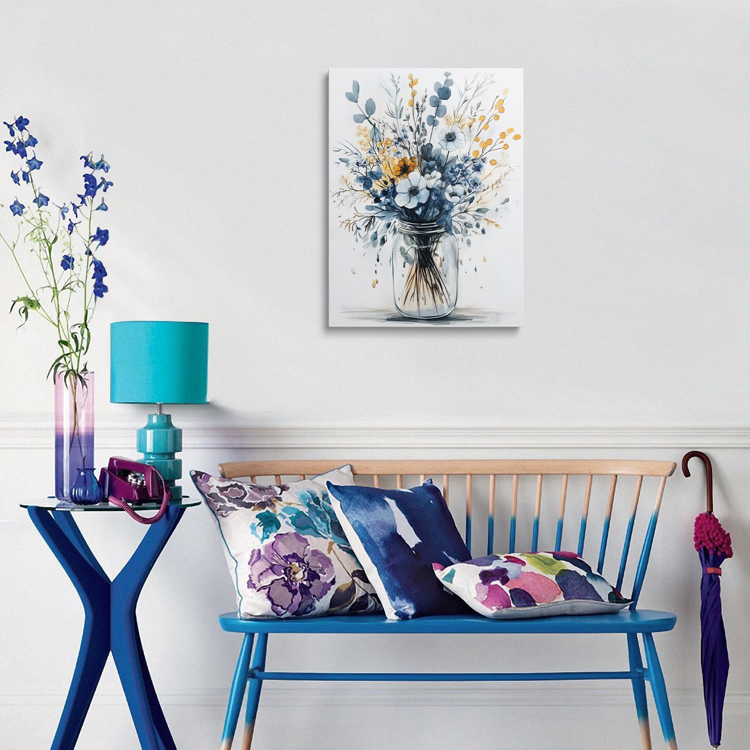 Framed Navy Blue Prints Vintage Daisy Floral Picture Wall Decor Gift Modern Poster Retro Simple Rustic Flower Canvas Wall Art Wildflower Painting for Living Room Bathroom Artwork (12"x16") - Image 2