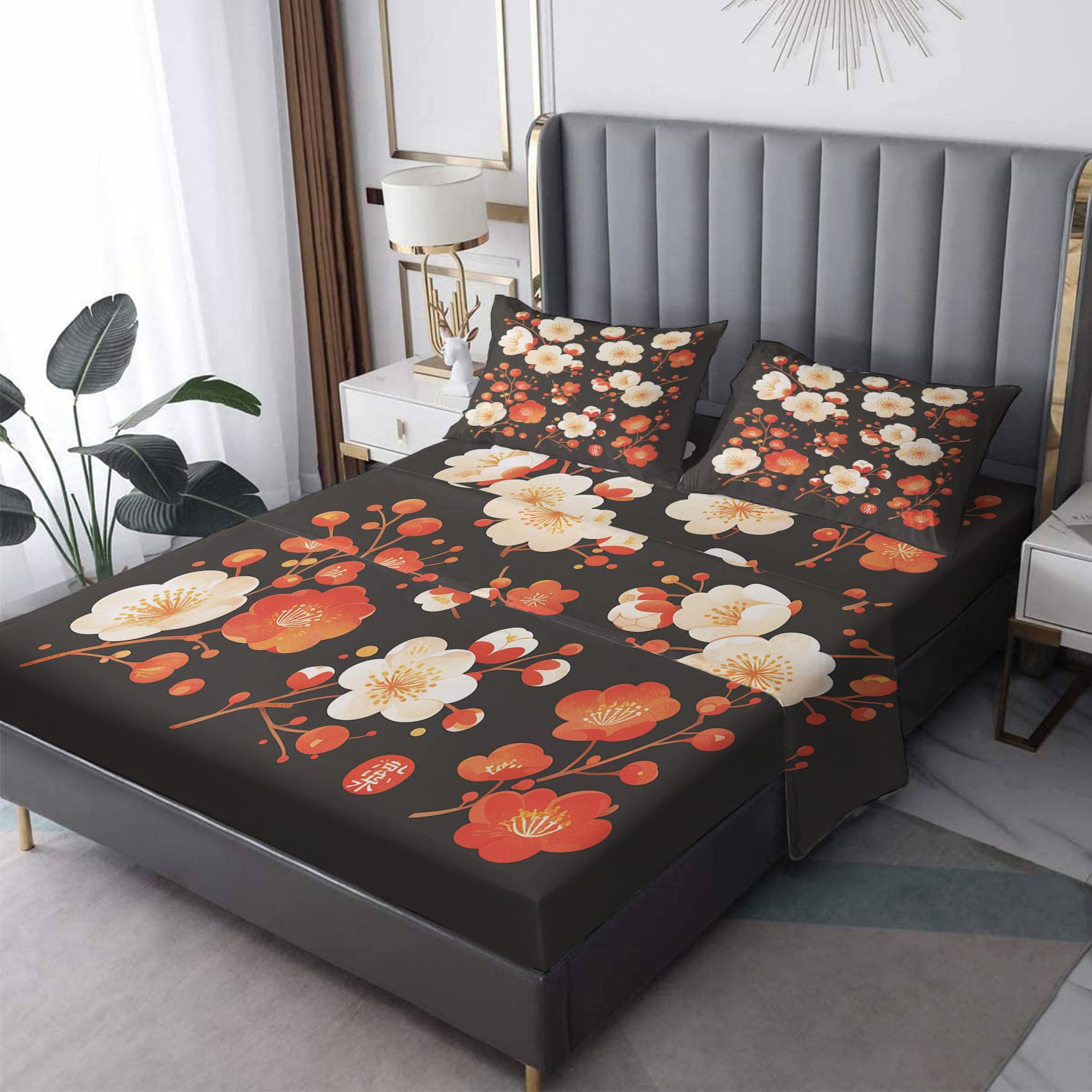 Zvynqour Cherry Blossom Sheets California King Size - Flower Bed Sheets - 16 Inch Deep Pocket Fitted Sheets & Flat Sheets & Pillowcases 4 Piece Set - Floral Bedding & Decor - Soft Cosy Microfibe