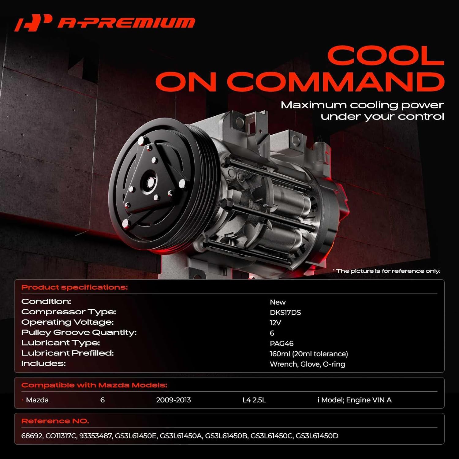 A-Premium Air Conditioner AC Compressor with Clutch Compatible with Mazda 6 2.5L 2009 2011-2013