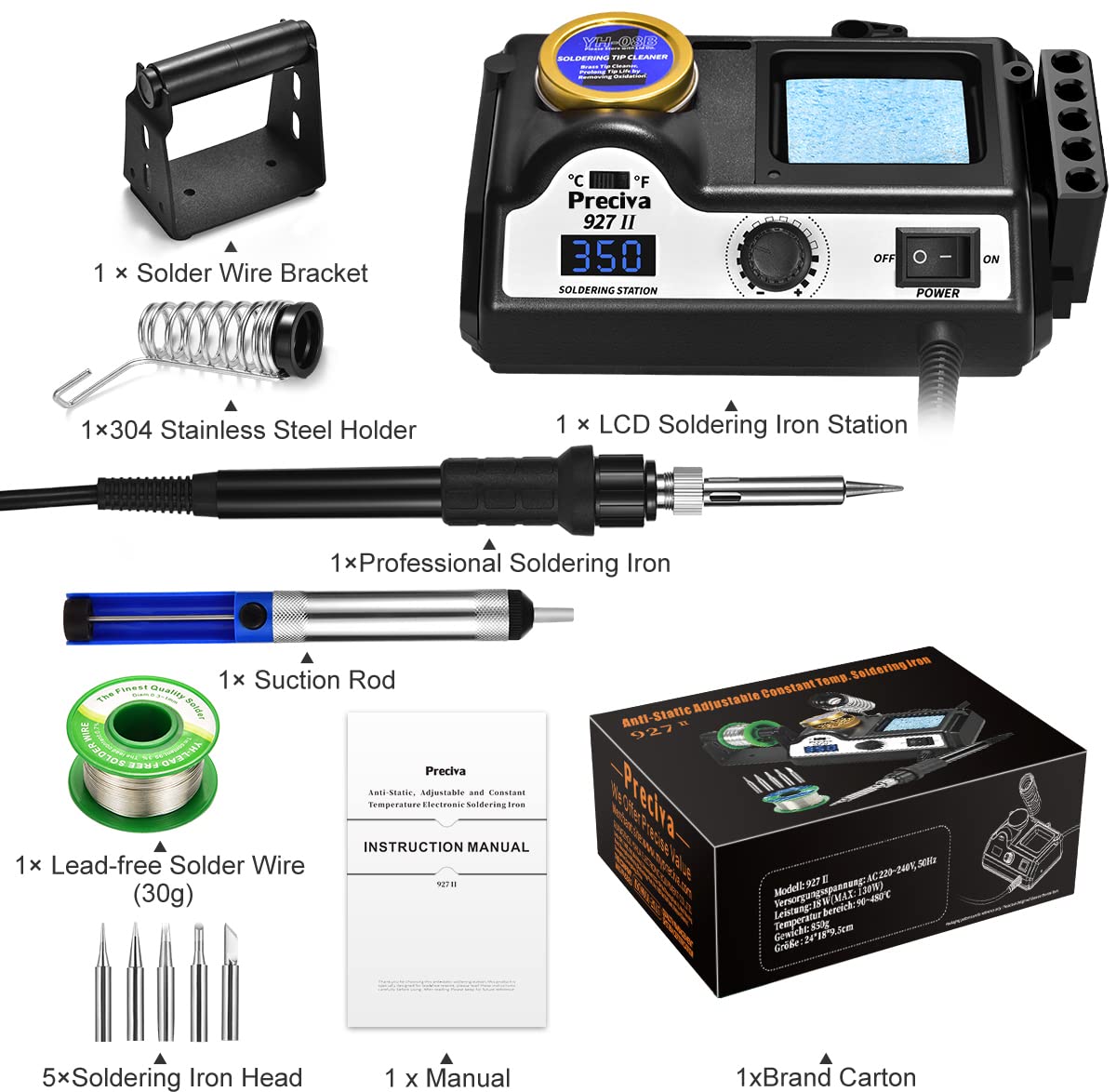 Stazione di saldatura 60W Professionale,Preciva Saldatore Elettrico con Display Digitale a Led,Regolazione Di Temperatura 90°C-480°C,0.8 mm Filo di saldatura senza piombo,5Pcs Saldatura Punte di Ferro