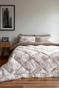Alla Turca Double Double Bed with Pillowcase and Elastic Sheet Double Sided Patterned Sleeping Set-Natura Coffee with Milk