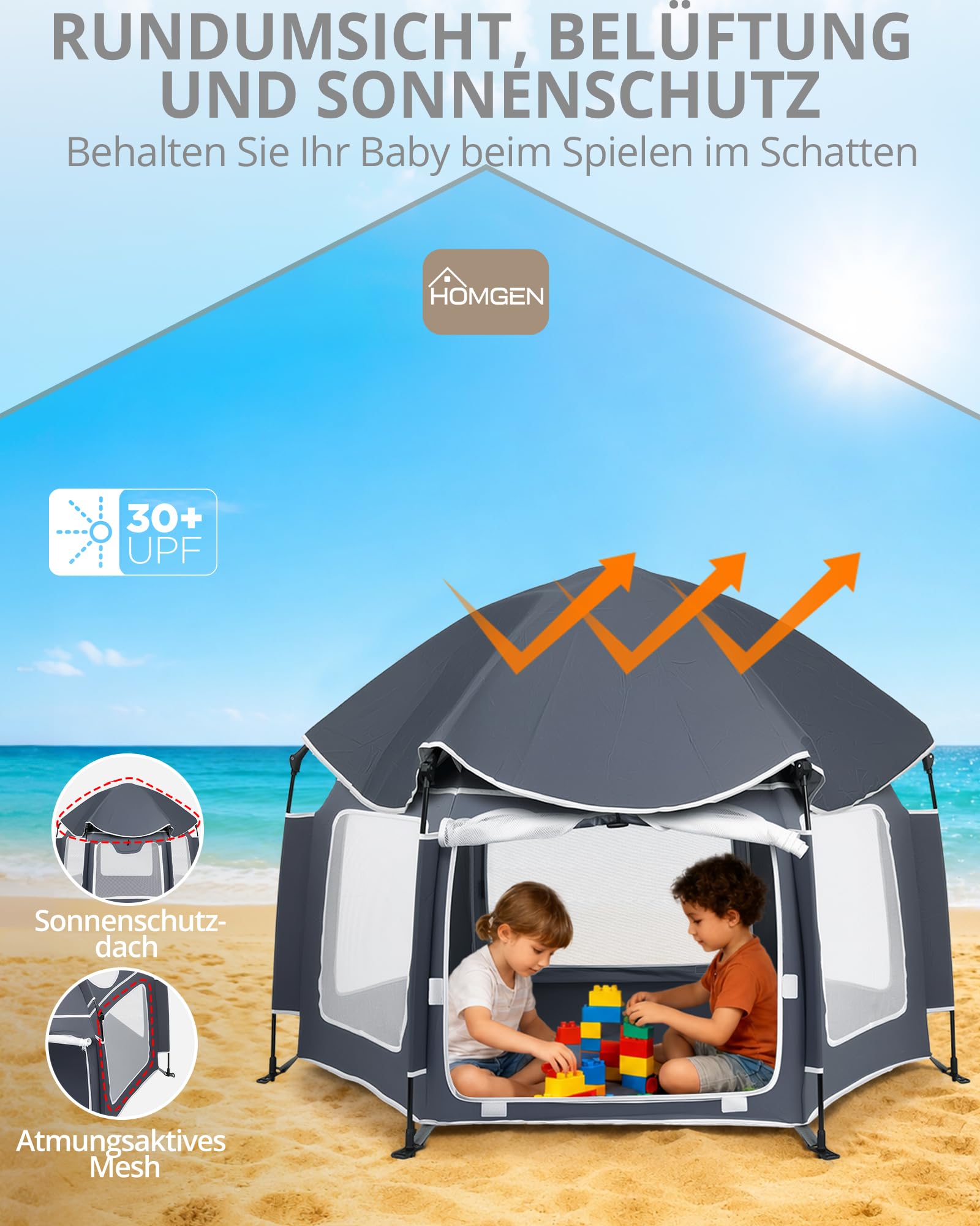 HOMGEN Pop Up Laufstall Baby Faltbar 150x150cm Playpen mit Sonnendach