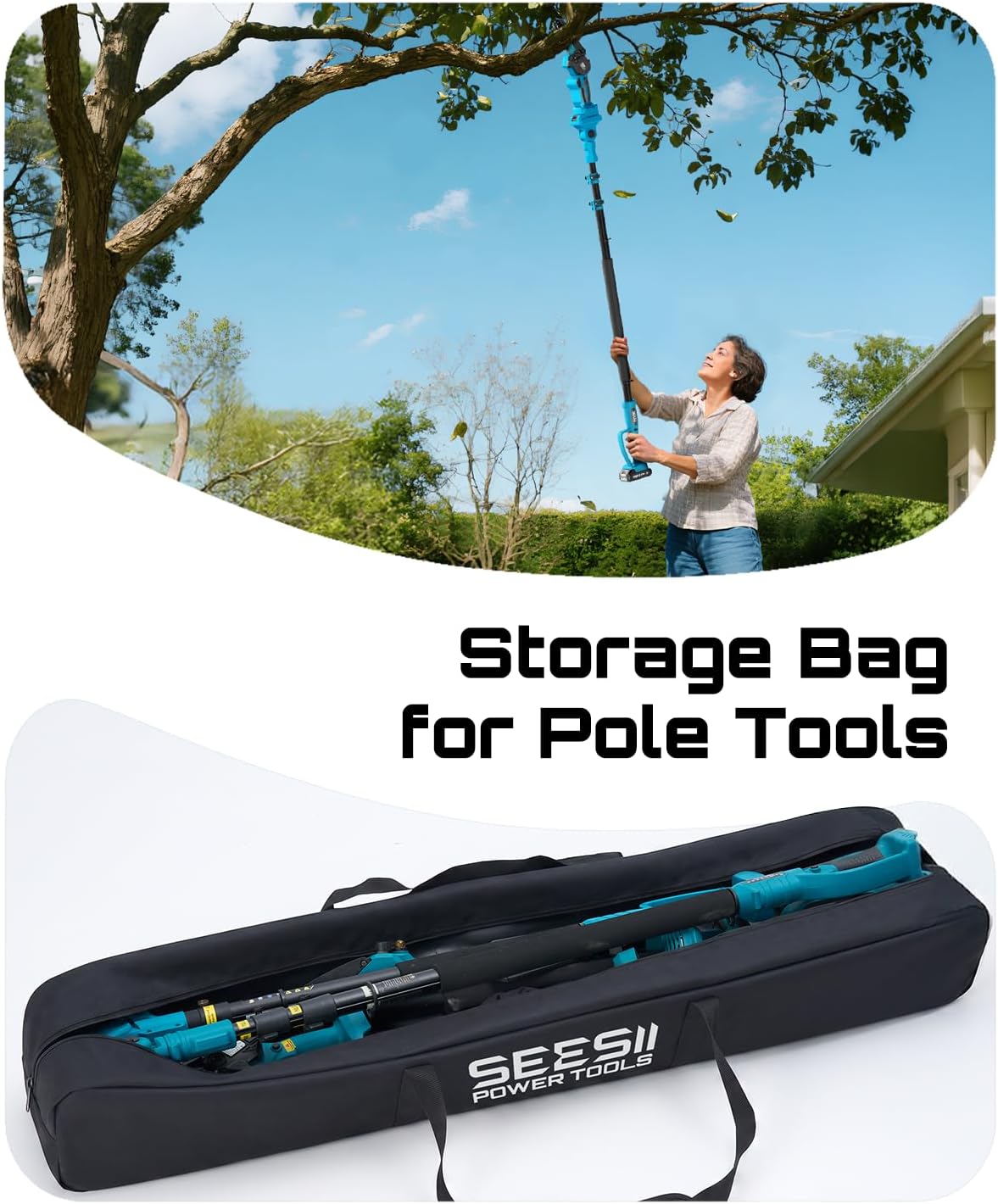SEESII Universal 55-Inch Pole Tool Storage Bag for Detachable Pole Saws, Pole Hedge Trimmers & Pruners, Fits Collapsed Sections up to 55 in, 600D Water-Resistant Carrying Case, Black