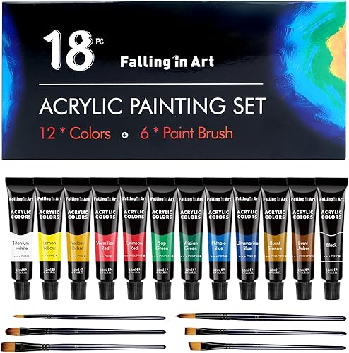 Miniatura 9 de Falling In Art - Juego de pinturas acrílicas para artistas (34 piezas, con tubos de acrílico de 24 colores, 6 pinceles, paneles de lienzo de 9.0 x