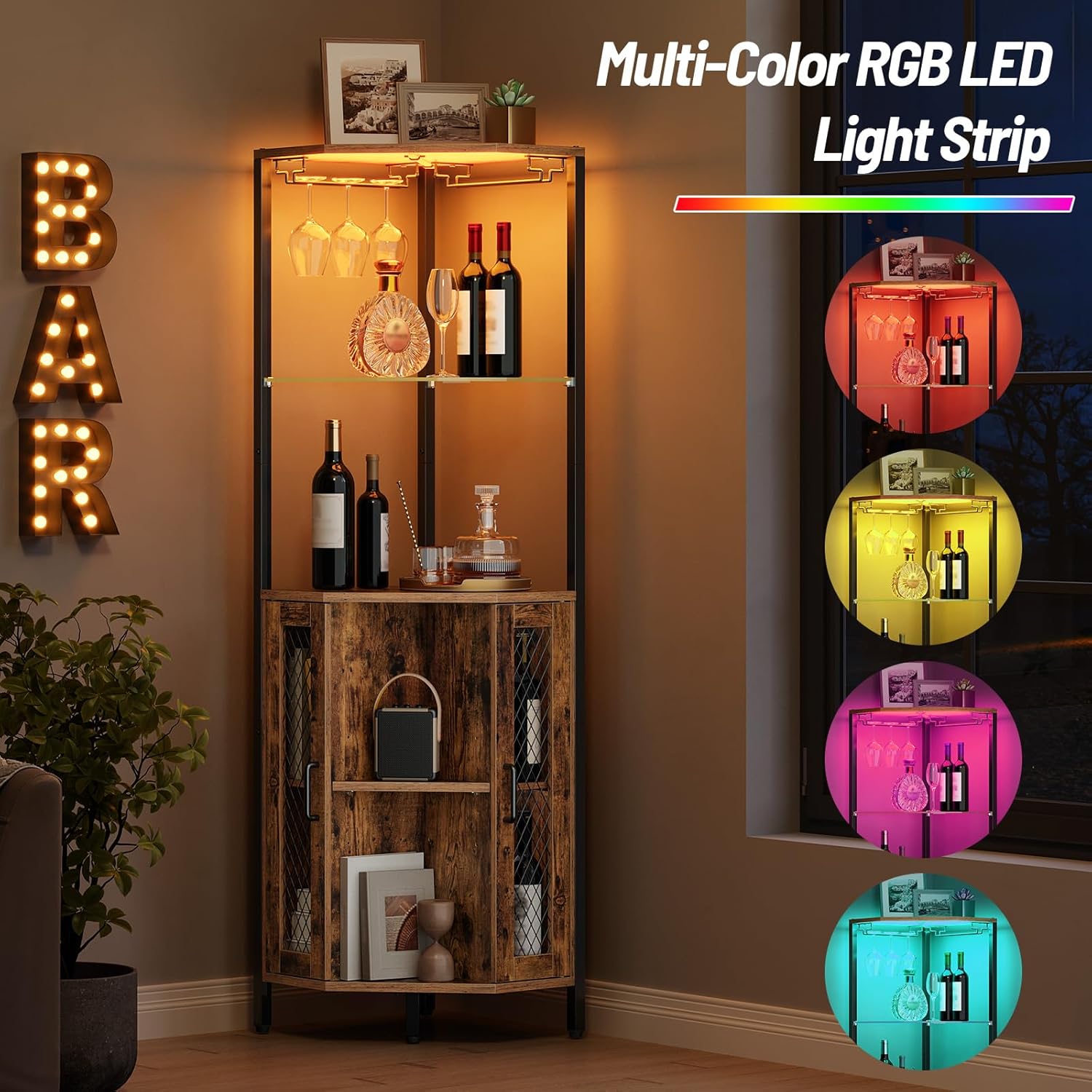 Corner Bar Cabinet with LED Lights, Tall Wine Cabinet with Storage, 5-Tier Industrial Corner Liquor Cabinet with Glass Holders, Adjustable Shelves, for Kitchen, Home, Rustic Brown and Black