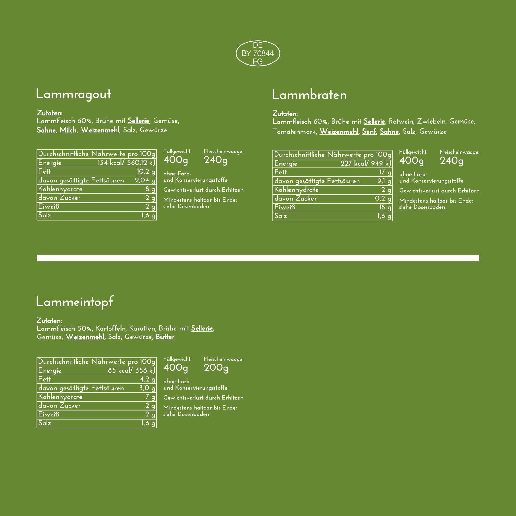 Diem Lamm Paket - Geschenkset, Feinkost, Gourmet- (2 x Lammeintopf / Irish Steh, 2 x Lammragout ,1 x Lammbraten) 5 x 400g Konserve - Dose - Konserve - Langes MhD