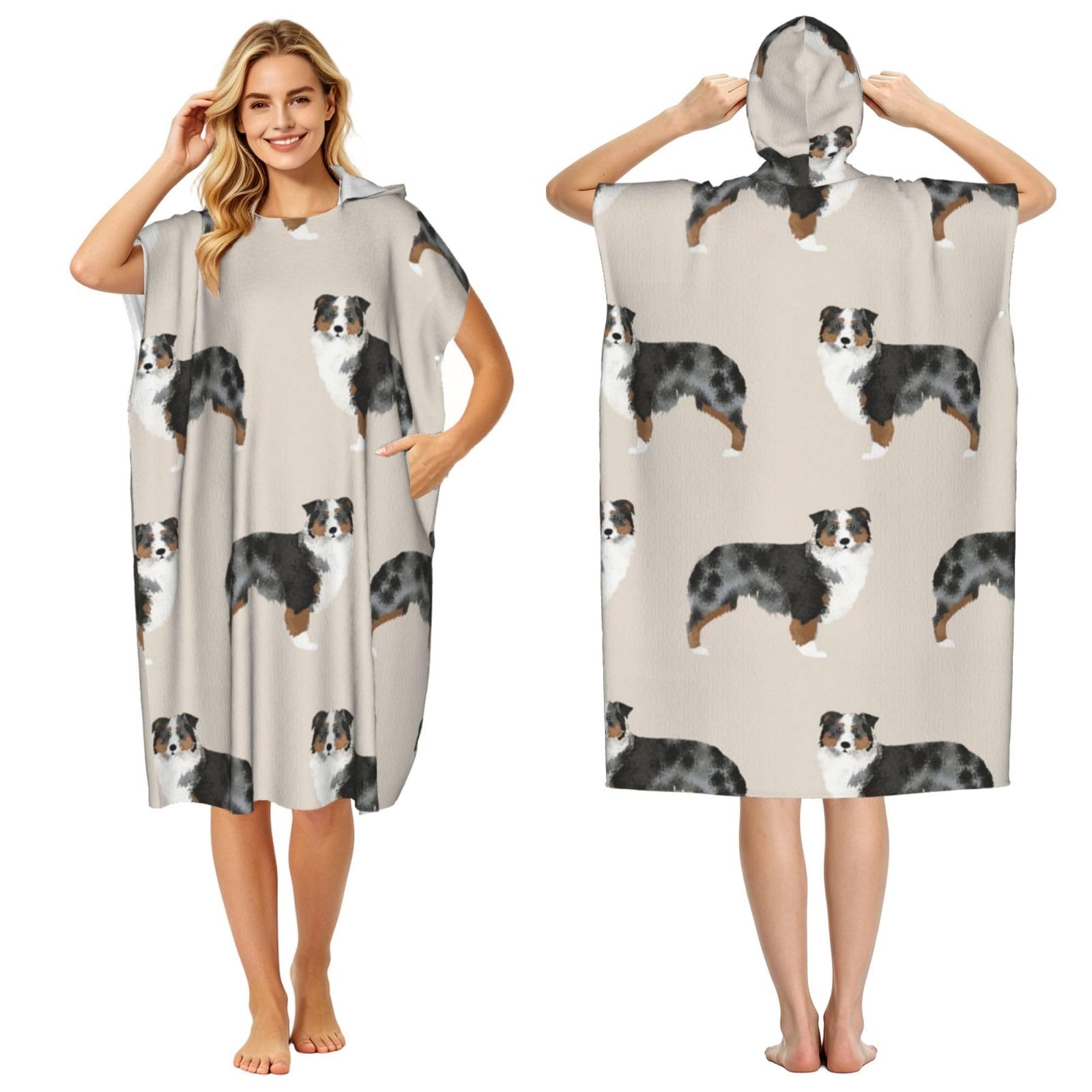 Poadnly Australian Shepherd, Adult Hooded Beach Towel 90 x 110 cm,Changing Bath Robe, Surf Poncho Towel For Women Men