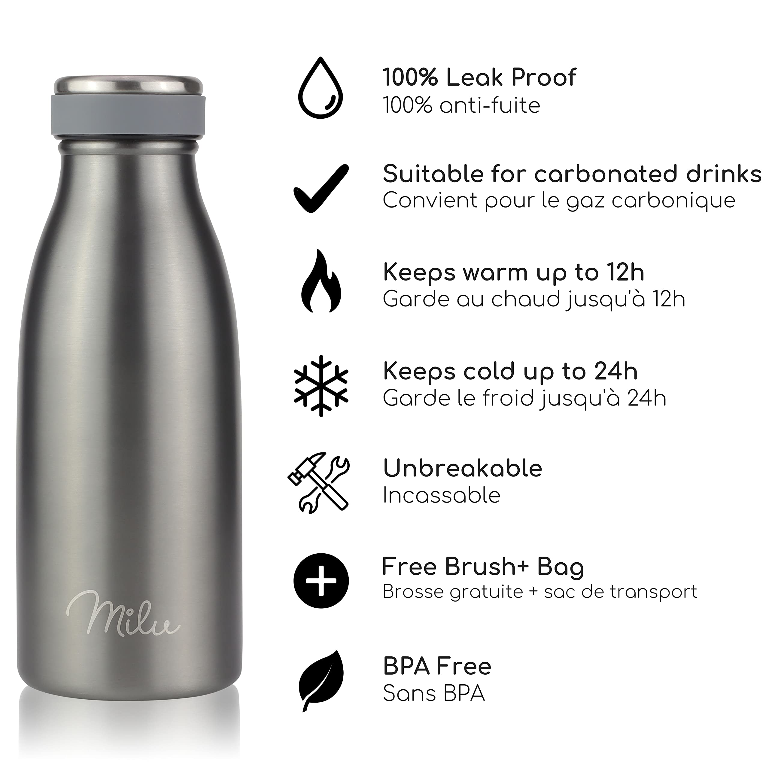 Bouteille Isotherme Milu - Garde Tes Boissons Chaudes 12h Et Froides 24h - 3 Couvercles Inclus