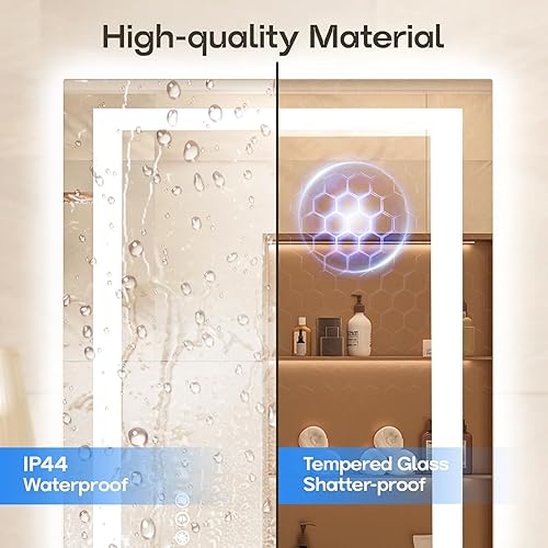 Miniatura 6 de USHOWER Espejo de baño con luz LED de 28 x 36 pulgadas, retroiluminado, antiniebla, brillo y color ajustables, espejo de tocador de vidrio templado