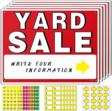 Yard Sale Sign Kit, 14" x 10" Double-Sided Yard & Garage Sale Supplies with Directional Arrows, Fluorescent Neon & Pricing Stickers, Weather-Proof 14 Pack