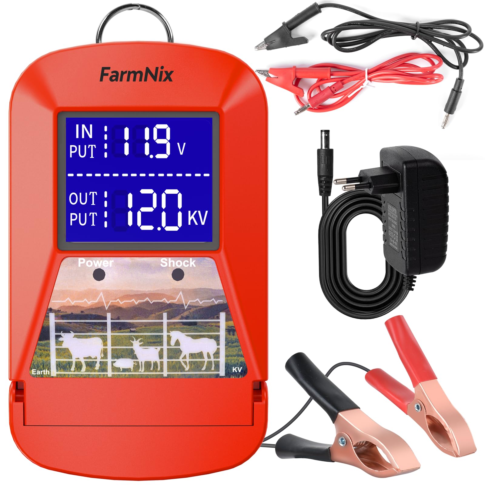 Energizador de Cercas Eléctricas 12V con Pantalla LED, Cerca Eléctrica 3J 230V para 24 KM, Alimentación Múltiple (Red/Batería/Solar), Cargador de Cercas para Ganado, Caballos y Granjas