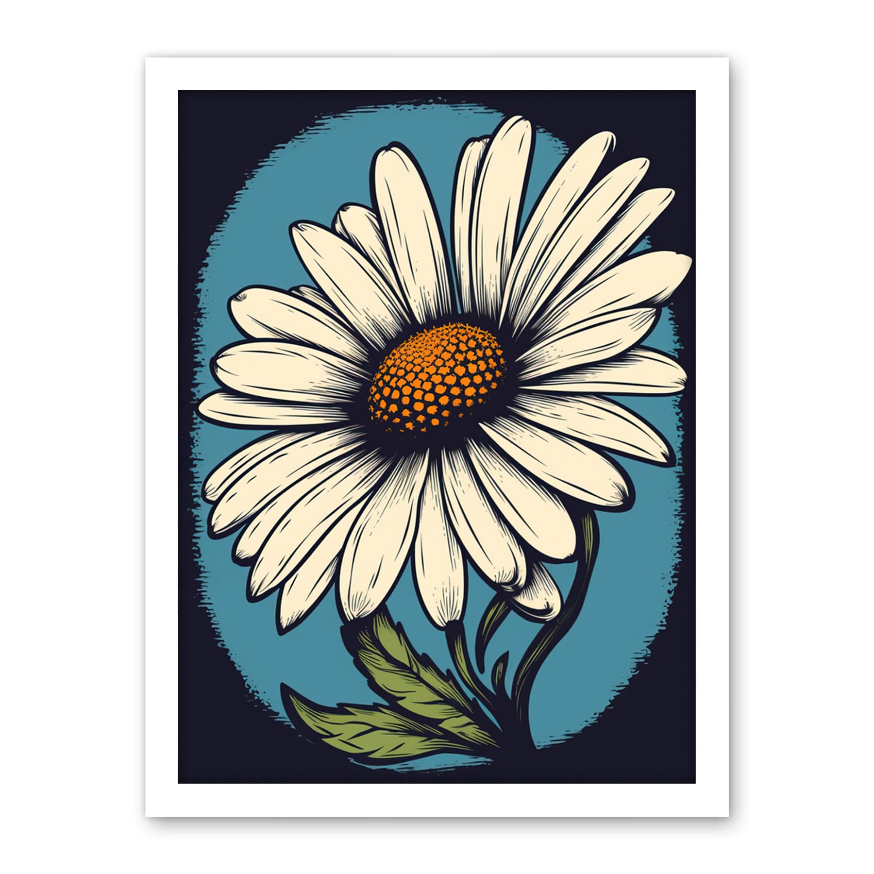 Artery8 A Single Daisy Flower Bloom Bold Rockabilly Americana 50s Artwork Framed Wall Art Print 18X24 Inch