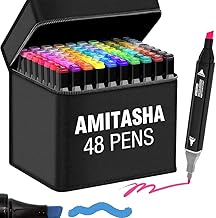 Amitasha 48 Pc Dual Tip Chisel + Markers Double-Sided Pen Set For Drawing Sketching Coloring Artist Fine Line, Professional Permanent Sketch Markers for Kids Adult