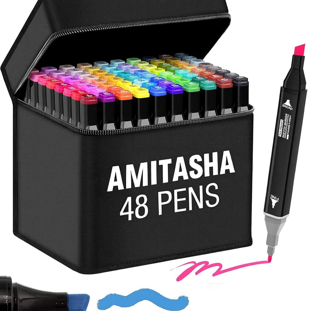 Amitasha 48 Pc Dual Tip Chisel + Markers Double-Sided Pen Set For Drawing Sketching Coloring Artist Fine Line, Professional Permanent Sketch Markers for Kids Adult