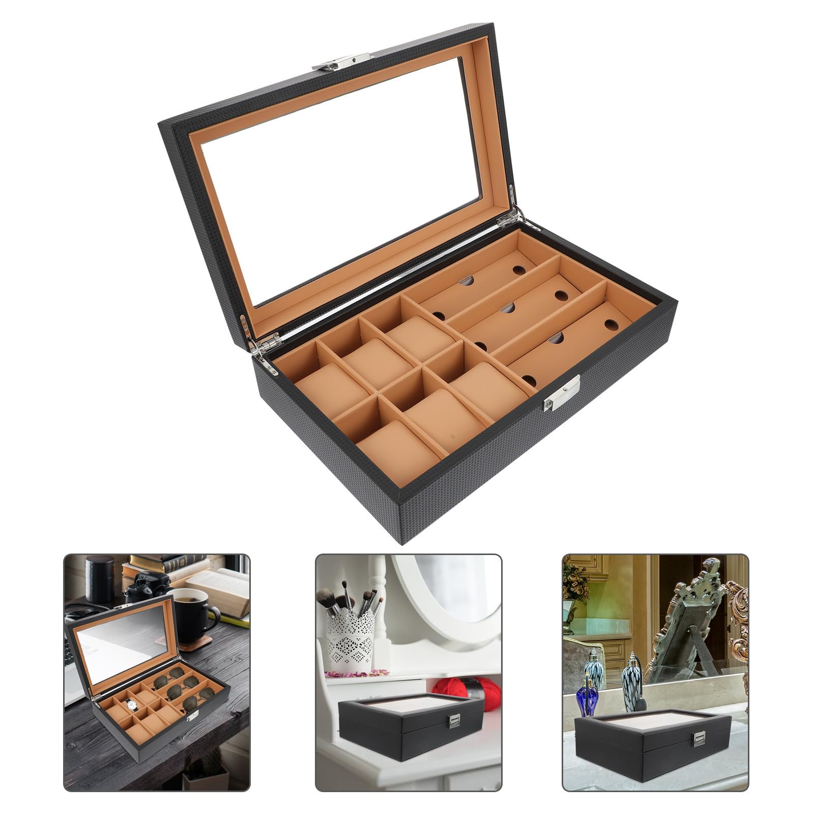 Uhrenvitrine mit 6 Fächern und 3 Brillenfächern, Holz PU