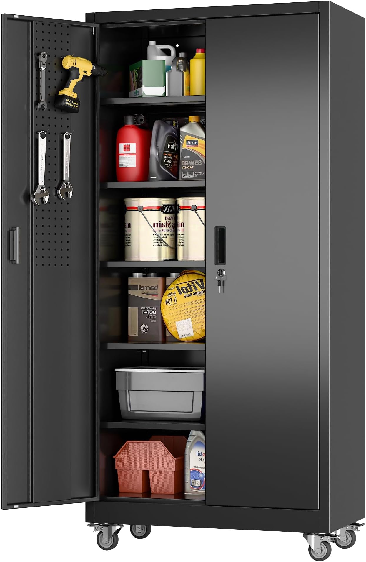 Garage Storage Cabinet with Wheels & Pegboard, 71" H×34" W×18" D Locking Metal Storage Cabinet with 2 Doors and 5 Adjustable Shelves for Garage Workshop Home, Black, Assembly Required