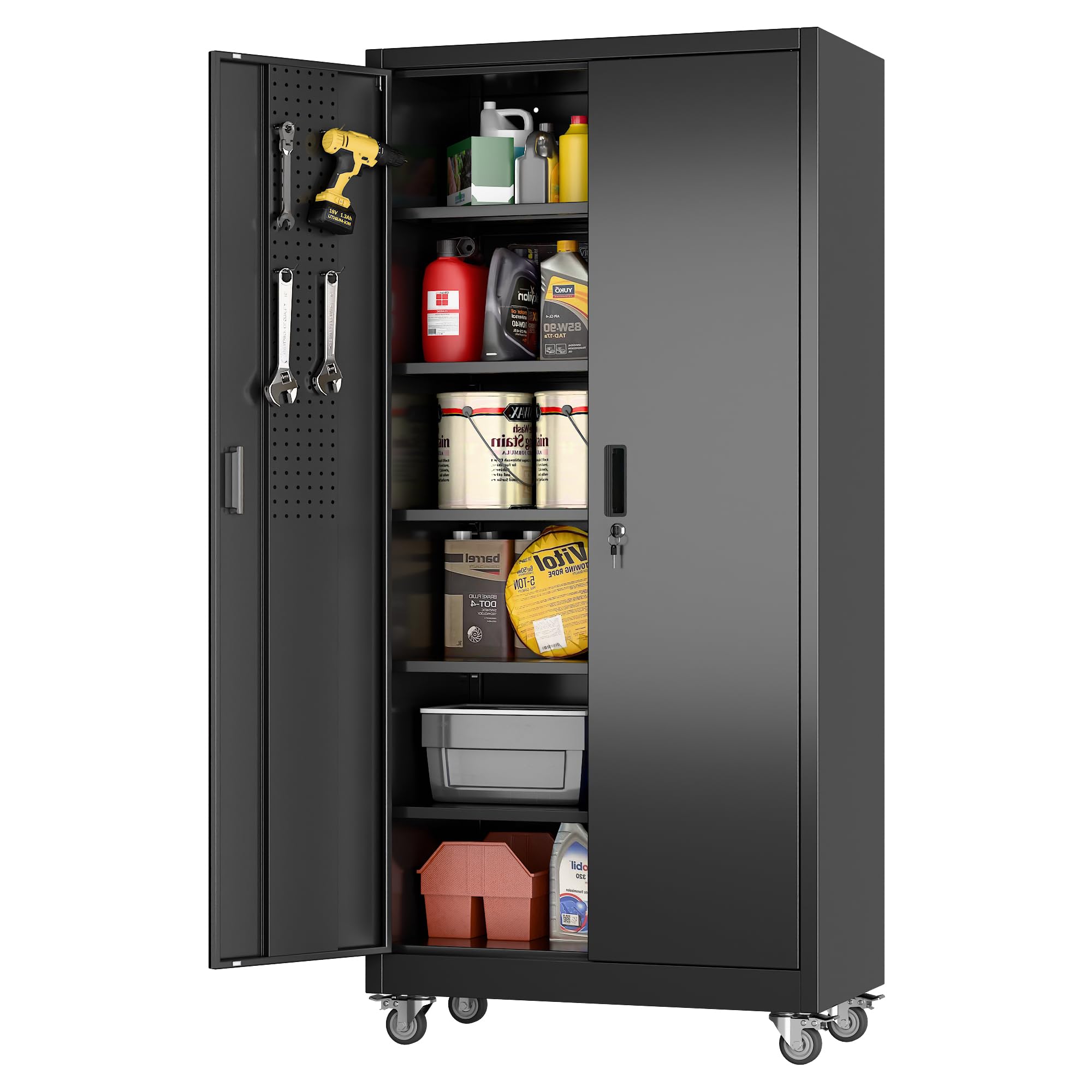 Garage Storage Cabinet with Wheels & Pegboard, 71" H×34" W×18" D Locking Metal Storage Cabinet with 2 Doors and 5 Adjustable Shelves for Garage Workshop Home, Black, Assembly Required