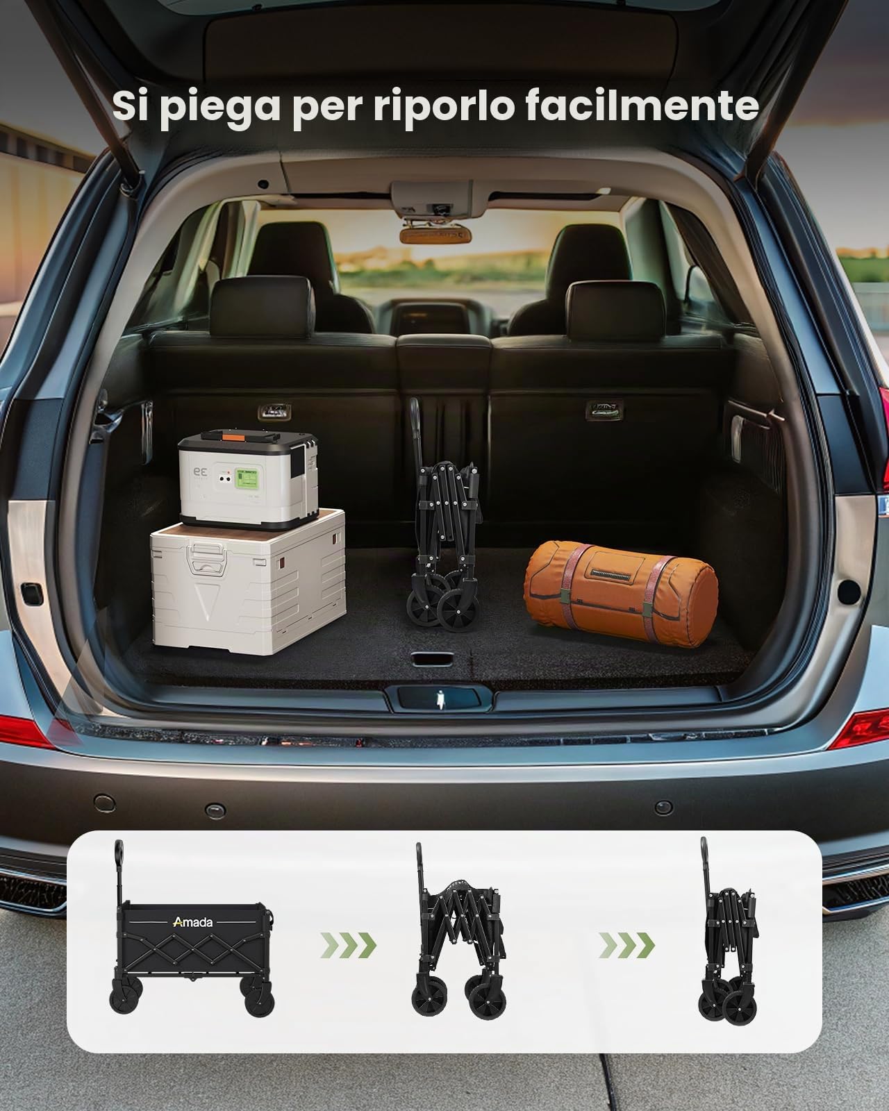 AMADA HOMEFURNISHING Carrello pieghevole, con carico massimo di 163 kg e stoccaggio espandibile, carrello pieghevole da 90L con 2 supporte tazze per all'aperto, alimentari, giardino e campeggio