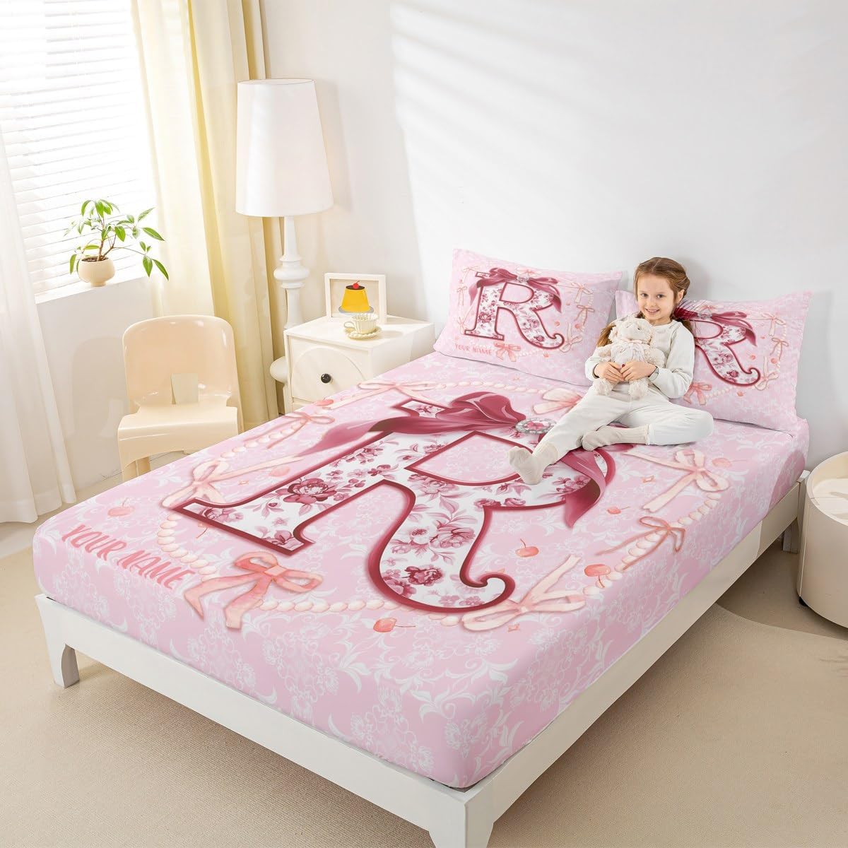 Erosebridal Custom Name 3D Initial Letter R Bed Sheets Full with Unique Bow Design Coquette Pink Bow Fitted Sheet Aesthetic Bowknot Cute Preppy Sheets Flower Floral Monogrammed Bedding Set(R)