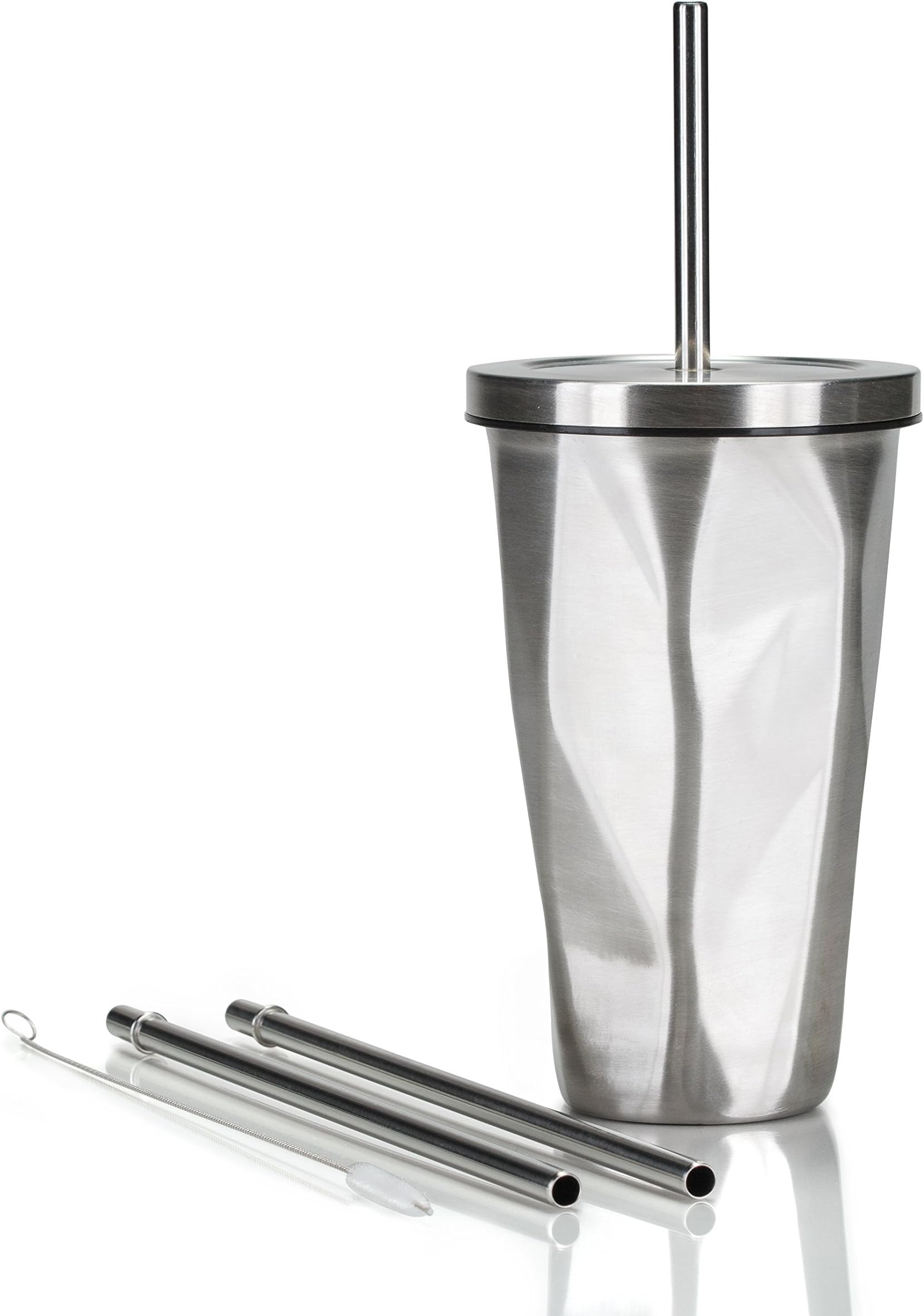 Stainless Steel Tumbler with Straw - Premium Travel Mug with Insulated Double Wall Chiseled Design and Vacuum Sealed Lid - Keep Drinks Cold and Prevent Spills - Includes Three Straws