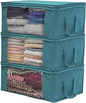 Closet Organizer 3 Pack Wardrobe Clothes Organizer Clear Window Foldable Storage Bins for Pants Sweater Storage Bags Containers Boxes for Organizing Clothing Bedroom Blue 3 Pack