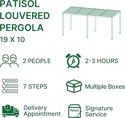 Miniatura 8 de PATISOL Pérgola de aluminio con listones para exteriores, pérgola de patio de 19 x 10 pies, ajustable, a prueba de lluvia, cenador moderno de techo