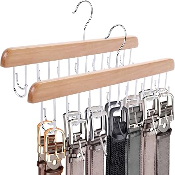 Belt Organizer for Closet Max 42 Belts, 2 PCS Wooden Hanger for Storage with 14 Rotating Hooks Each, Durable Tie Holder Space Saver for Bra, Tank Top, Scarf