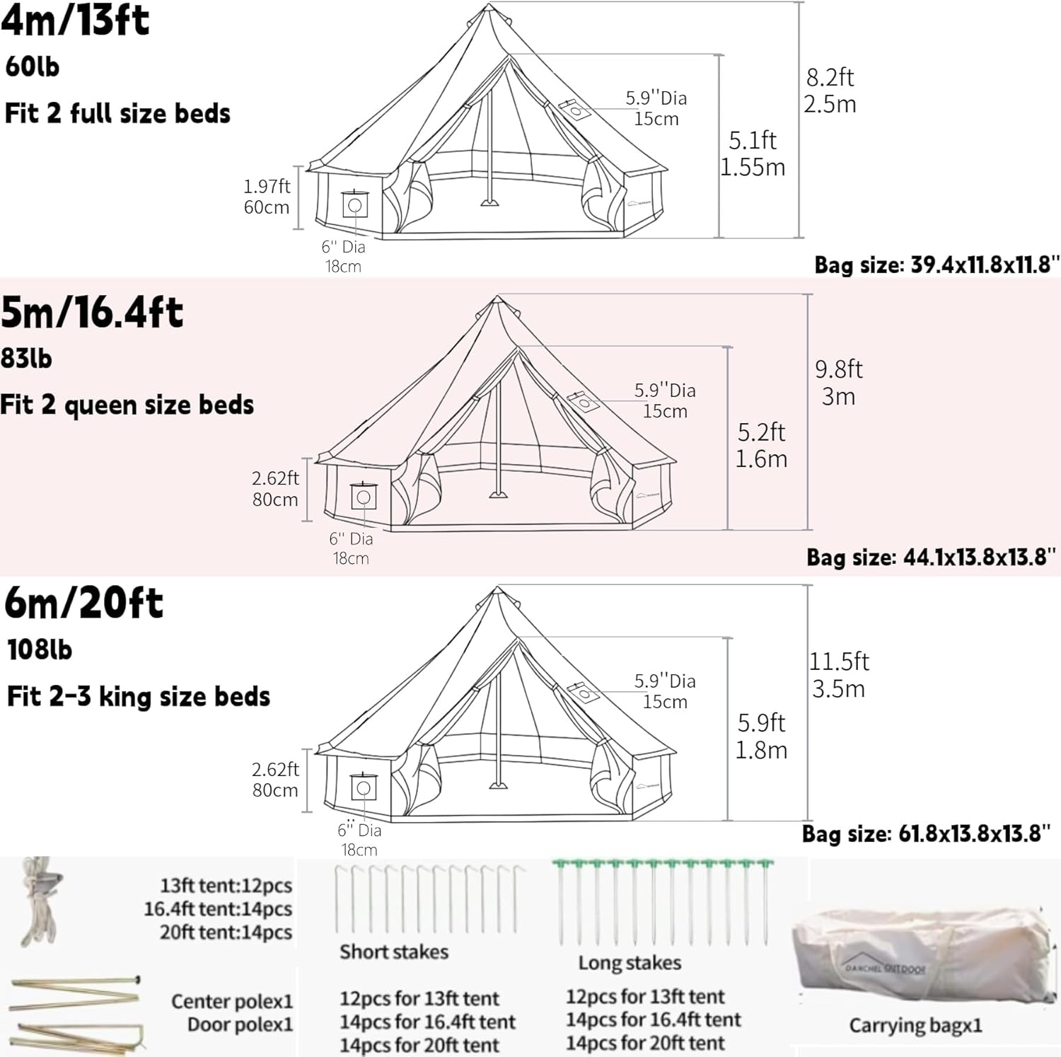 DANCHEL OUTDOOR B5PRO 4 Season Canvas Tent with Stove Jack Camping, Waterproof Bell Tent with AC Port Yurt All Year Living, Luxury Glamping for 4/6/8 Person Hunting Party, 13ft/16.4ft/20ft