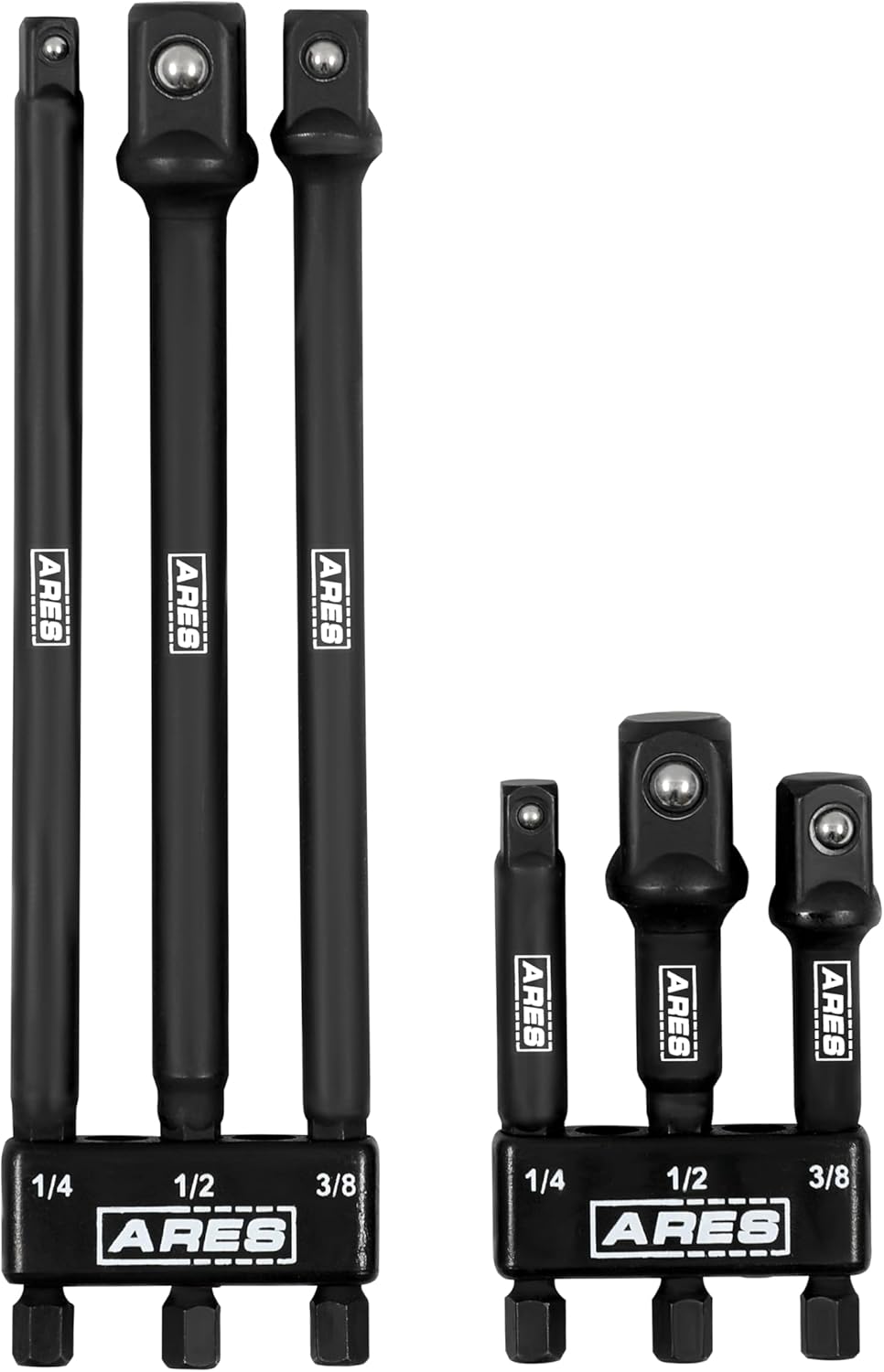 ARES 22025 – 6-Piece 3-Inch and 6-Inch Impact Grade Socket Adapter Set - Turns Impact Drill Driver into High Speed Socket Driver - 1/4-Inch, 3/8-Inch, and 1/2-Inch Drive with Storage Holder