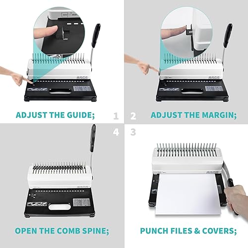 Miniatura 6 de Binditek Máquina de encuadernación de peine, 19 agujeros, 450 hojas, máquina de encuadernación con kit de iniciación, 100 peines de encuadernación
