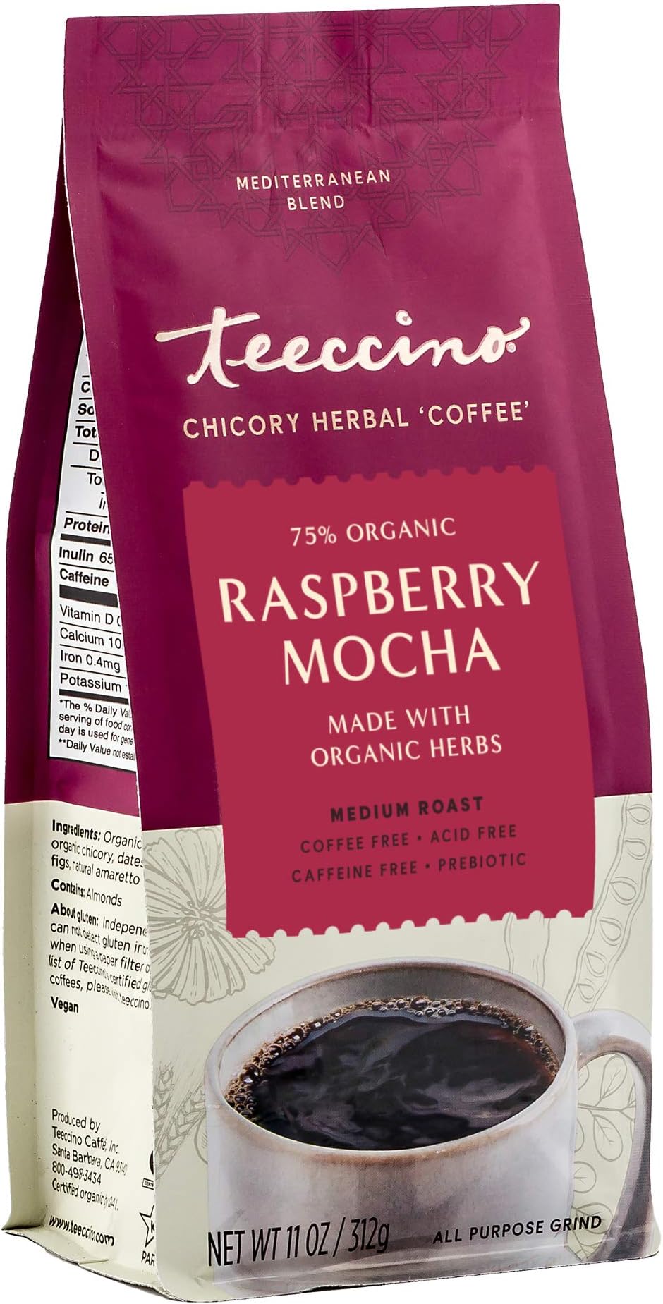 Teeccino Raspberry Mocha Chicory Coffee Alternative - 11 Ounce - Ground Herbal Coffee That’s Prebiotic, Caffeine Free & Acid Free, Dark Roast